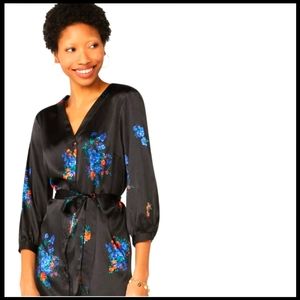 Black Satin Floral Flower Dress Womens button up front tie waist with 1/4 sleeve